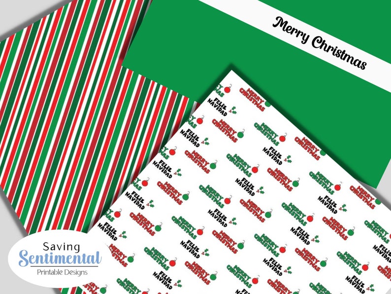 May include: A digital paper pack with two designs. The first design is a red and green striped pattern. The second design is a white background with a repeating pattern of the words "Merry Christmas" and "Feliz Navidad" in red and black text with a green holly leaf and a red ornament.