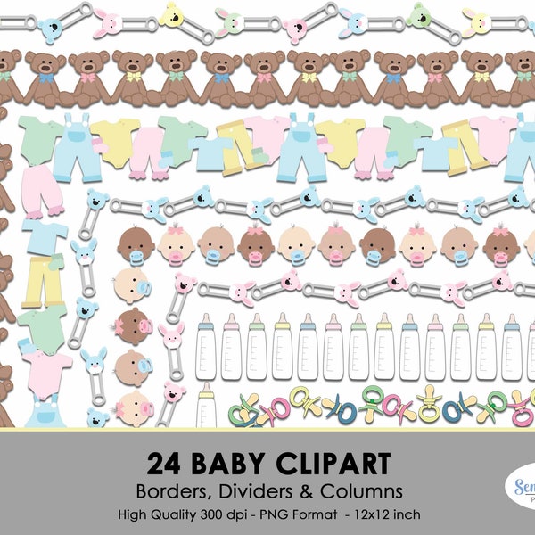 Ensemble de 24 bordures pour cliparts bébé, colonnes et intercalaires pour faire-part de baby shower, scrapbooking, cadres photo ou bordures de page.