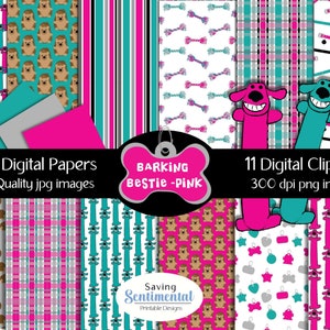 Dog Clipart and Plaid Papers, Pink Scrapbook Designs (Digital Download)