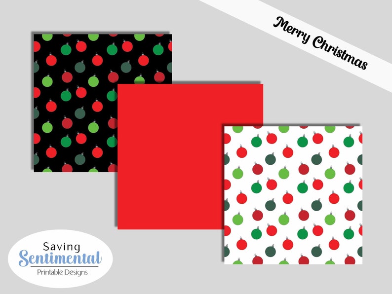 May include: Three digital paper designs featuring a repeating pattern of red and green Christmas ornaments on a black, red, and white background. The text "Merry Christmas" is visible in the top right corner of the image.