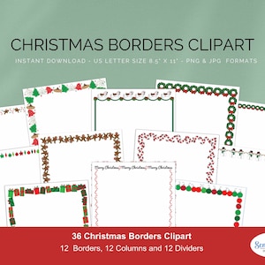 Clipart de bordes navideños, juego de 36 marcos navideños de 8,5" x 11" para usar como bordes de página para papelería navideña o letras navideñas.