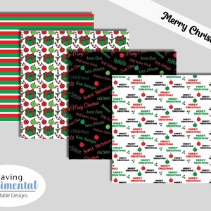 May include: Four digital paper designs featuring Christmas themes. The designs include red and green stripes, a white background with green and red ornaments, a black background with red and green text, and a white background with red and green ornaments and the text "Merry Christmas".