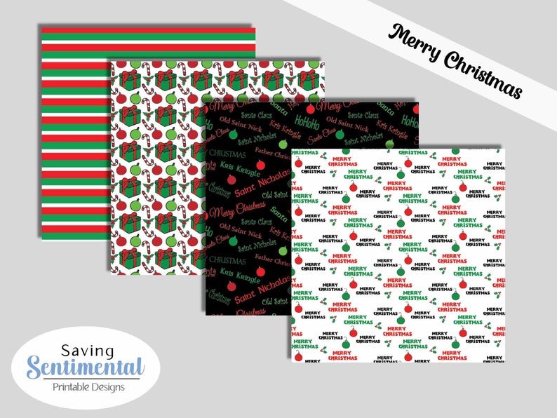 May include: Four digital paper designs featuring Christmas themes. The designs include red and green stripes, a white background with green and red ornaments, a black background with red and green text, and a white background with red and green ornaments and the text "Merry Christmas".