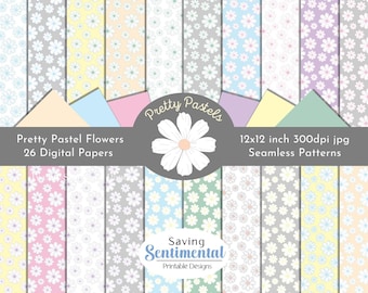 Flower Digital Paper, 20 Seamless Pattern Papers and 6 Solid Color Papers, Instant Download