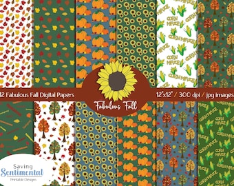 Fall Digital Paper, Autumn Digital Paper, Fall Background, Fall Patterns, Fall Scrapbook Paper, Leaves, Printable Paper, Instant Download