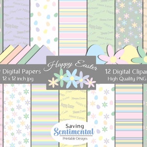 Easter Clipart, Spring Clipart and Easter Digital Papers with Easter Eggs, Spring Flowers and Easter Bunny Clipart, Instant Download