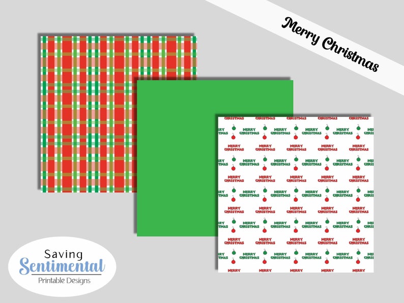May include: Two digital paper designs featuring a red and green plaid pattern and a white background with the words "Merry Christmas" repeated in green and red with a small red and green ornament.