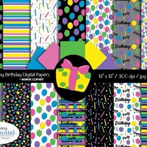 Birthday Papers and Balloon Clipart, with Colorful Birthday Patterns, Birthday Party Digital Papers and Matching Birthday Clipart.