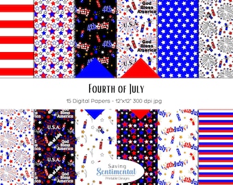 Fourth of July Scrapbook Paper, Patriotic Digital Backgrounds (Digital Download)