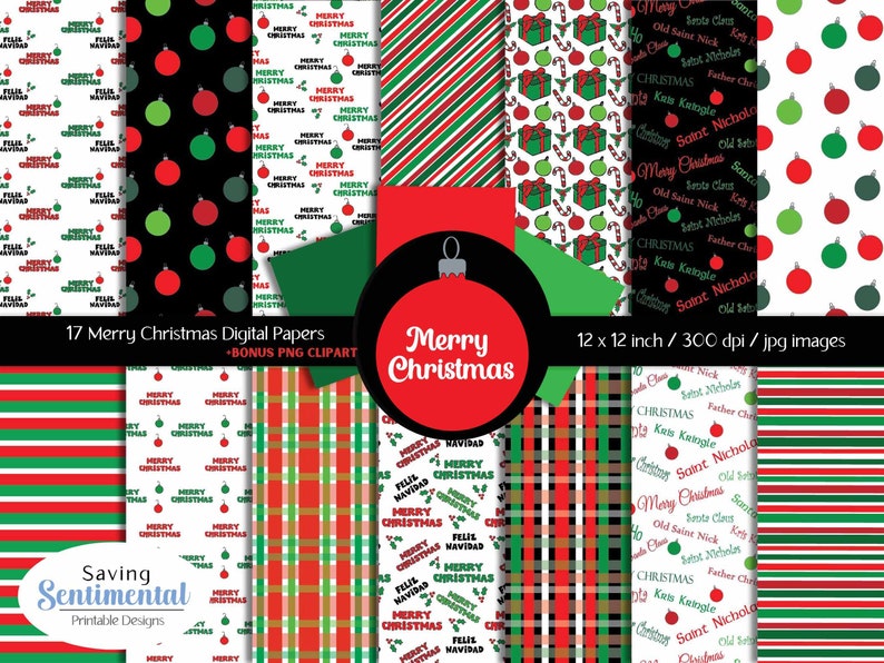 May include: A set of 17 digital papers featuring Christmas-themed patterns in red, green, and white. The patterns include ornaments, candy canes, plaid, stripes, and text that says "Merry Christmas".