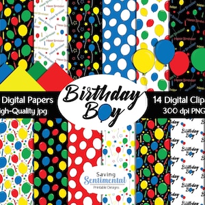 Birthday Clipart and Papers, Balloons, PNG Graphics (Digital Download)