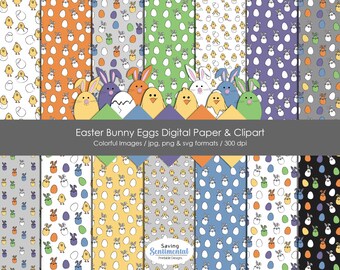 Easter Clipart and Patterns, Bunny, Eggs, Chicks (Digital Download)