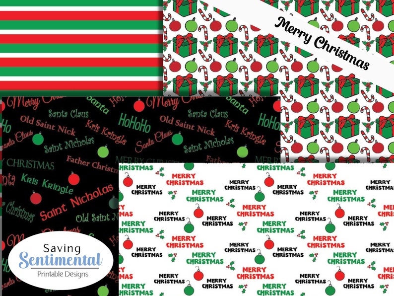 May include: A digital paper pack with four different Christmas themed patterns. The patterns include red and green stripes, a black background with white text, a white background with red and green ornaments, and a white background with the text "Merry Christmas" repeated.