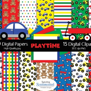 Papel digital de coches, imágenes prediseñadas de juguetes, con imágenes prediseñadas de osito de peluche, imágenes prediseñadas de coches y imágenes prediseñadas de camiones. Además, colores primarios, documentos digitales para camiones, PNG para automóviles