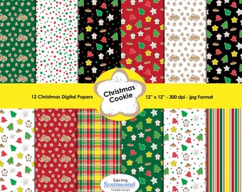 Christmas Cookie Digital Paper, Christmas Patterns and Holiday Clipart, set of 12 Christmas Digital Papers, Scrapbook Paper Instant Download
