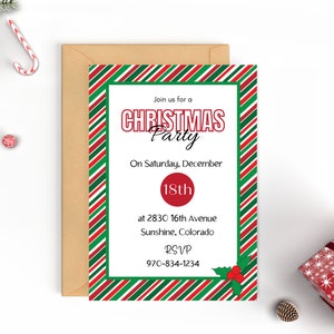 May include: A red and green striped Christmas party invitation with the text "Join us for a Christmas Party" and details for the party on Saturday, December 18th at 2830 16th Avenue, Sunshine, Colorado. RSVP 970-834-1234.
