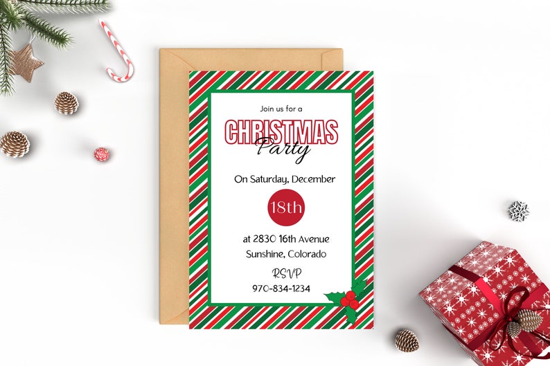 May include: A red and green striped Christmas party invitation with the text "Join us for a Christmas Party" and details for the party on Saturday, December 18th at 2830 16th Avenue, Sunshine, Colorado. RSVP 970-834-1234.