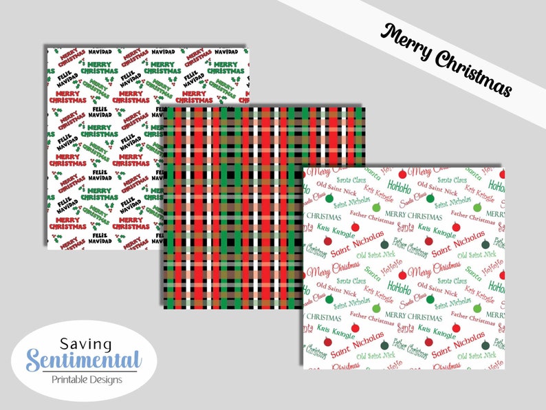 May include: Three digital paper designs featuring a red and green plaid pattern, a white background with the text "Merry Christmas" in red and green, and a white background with the text "Merry Christmas" in red and green with various other Christmas greetings.