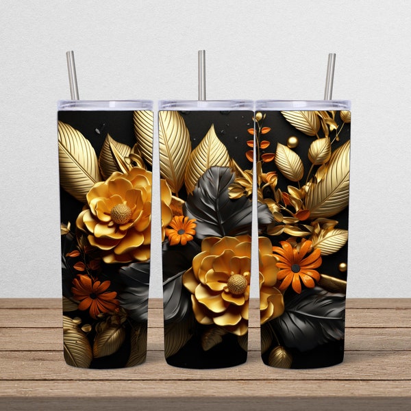 3D Golden Blackberry Lily Flowers 20 oz Skinny Tumbler Sublimation Design, Instant Digital Download, Straight & Tapered Tumbler Wrap PNG
