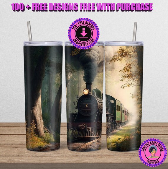 Retro Steam TRAIN In Woods 20 Oz Skinny Tumbler Sublimation Design.