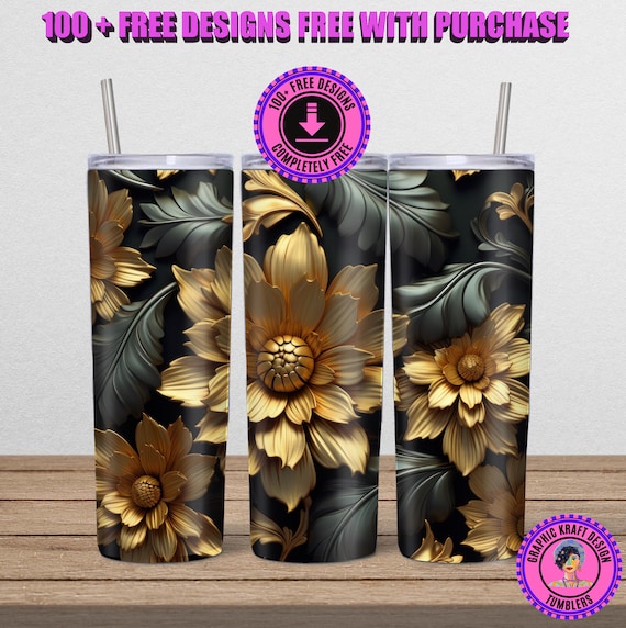 3D Gold Black Floral Paper Flowers 20 Oz Skinny Tumbler Sublimation Design,  Straight and Tapered Tumbler Wrap, Instant Digital Download PNG 