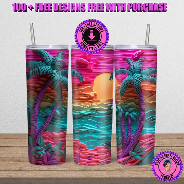 3D Carved Beach Life NEON Palm Tree 20 oz Skinny Tumbler Sublimation Design, Digital Download PNG, Straight & Tapered Tumbler Wrap PNG