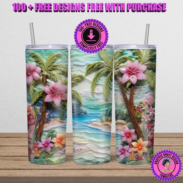 3D Carved Tropical Beach Life Palm Tree 20 oz Skinny Tumbler Sublimation Design, Digital Download PNG, Straight & Tapered Tumbler Wrap PNG