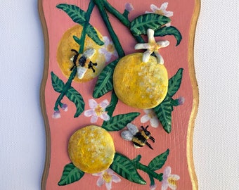 Lemons & Bees Wooden Plaque, Original Artwork