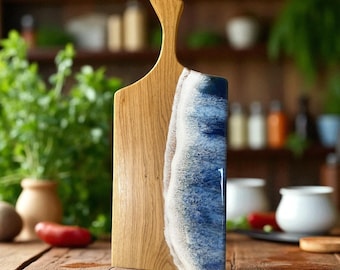 Personalized Ocean Resin Art Cheese Board, English Oak, Wedding Gift