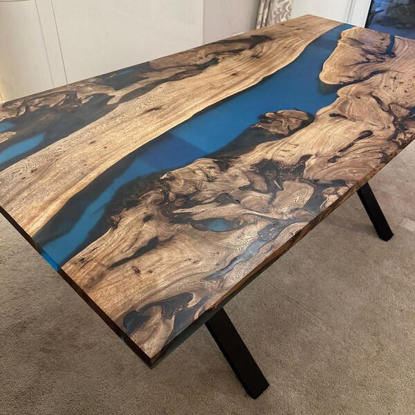 Blue transparent river table in solid walnut 180cm Long with Black metal legs made in the UK