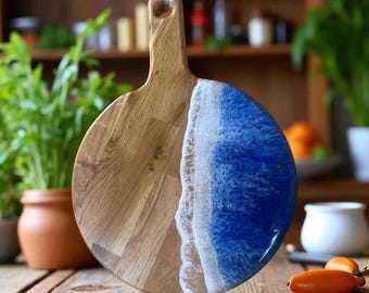 Personalized Ocean Resin Art Cheese Board, Handmade Oak Wood