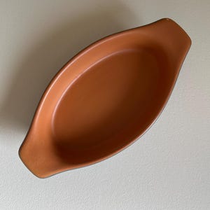 1950s teal and burnt orange stoneware baking dish