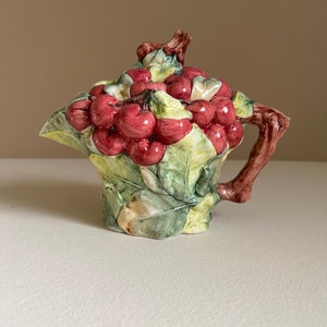 1980s hand-painted 3d plums and leaves teapot with branch handle, made in Italy