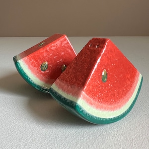 1980s watermelon slice salt and pepper shakers, hand painted, sold as a pair