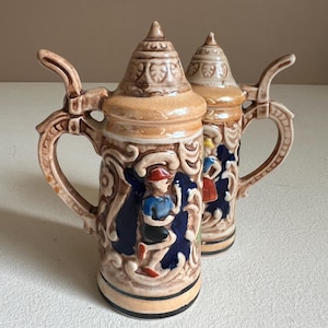 1970s German folk beer stein salt and pepper shakers, sold as a pair