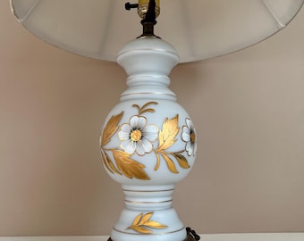 1960s regency satin frosted glass gilded table lamp, hand painted