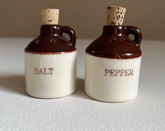 1960s brown ceramic moonshine whiskey jug salt and pepper shakers, sold as a pair