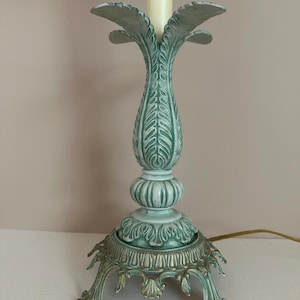 1960s ornate cast iron candlestick lamp with floral damask shade