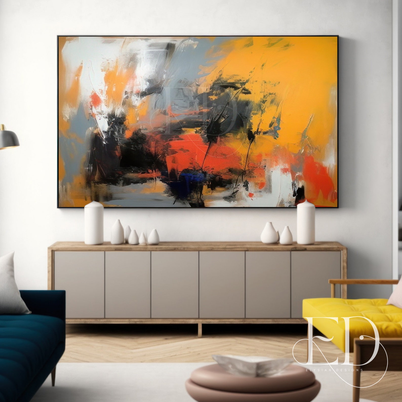 Extra Large Yellow Abstract Painting on Canvas Orangey Red & Etsy