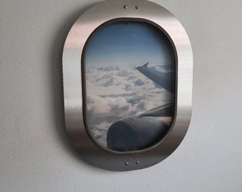 Ventana original de Airbus A340 en marco de acero inoxidable marco ovalado foto avión foto