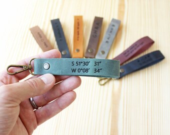 Leather Keychain |  Custom Coordinate |  Personalized Leather Gift |  Monogram Leather |  Leather Keyring | Gift for Her | Mens Gift (KC3)