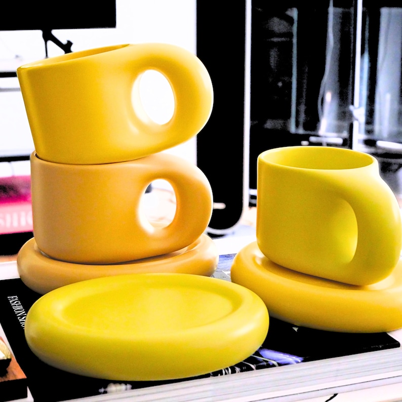Ceramic Coffee Mug and Saucer Set, Round Handle Espresso Cup, Microwave ...