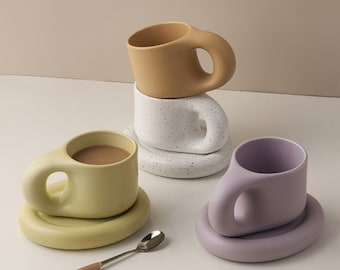 Ceramic Coffee Mug & Saucer Set, Aesthetic Mug with Handle for Office and Home, Microwave Safe for Tea and Espresso Drinks