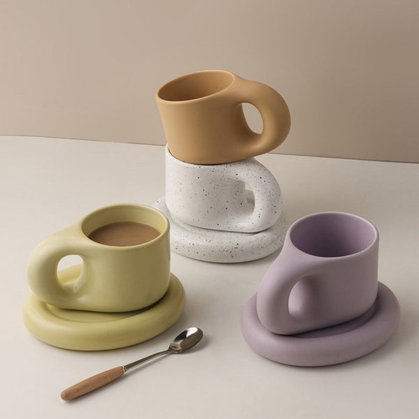 Ceramic Coffee Mug & Saucer Set, Aesthetic Mug with Handle for Office and Home, Microwave Safe for Tea and Espresso Drinks