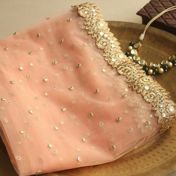 Peach Sitara Embroidered Gota Patti Zari Net Dupatta | Handcrafted | Festive and Traditional Wear | Wedding Trousseau | Indian Party Look