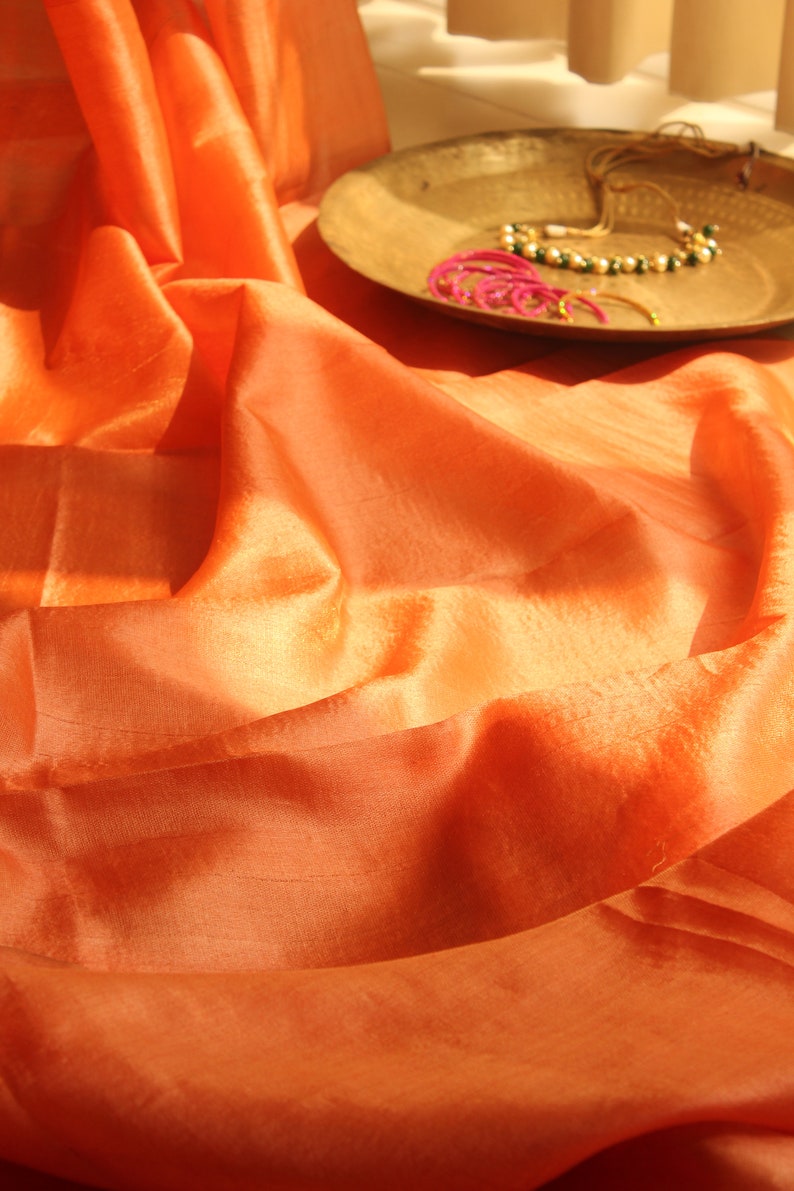 Pure Tussar Silk Orange & Gold Dual Tone Saree Indian Festive Traditional Wear Diwali Collection Indian Wedding Party Outfit Saree image 7