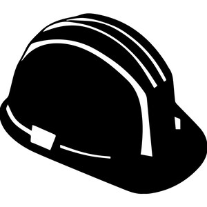 May include: A black hard hat with white stripes. The hat has a brim and a chin strap.