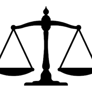 May include: A black silhouette of a scale with two equal-sized trays hanging from a central beam. The scale is balanced, with the trays at the same height.