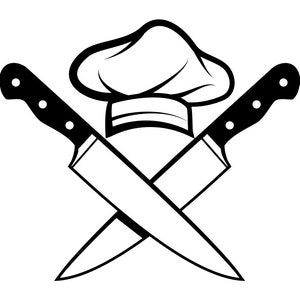 May include: A black and white illustration of a chef's hat with two crossed knives. The knives have black handles with three white rivets each. The chef's hat is white with a black outline.