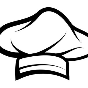 May include: A black and white illustration of a chef's hat. The hat is tall and has a rounded top. It is a common symbol of cooking and chefs.